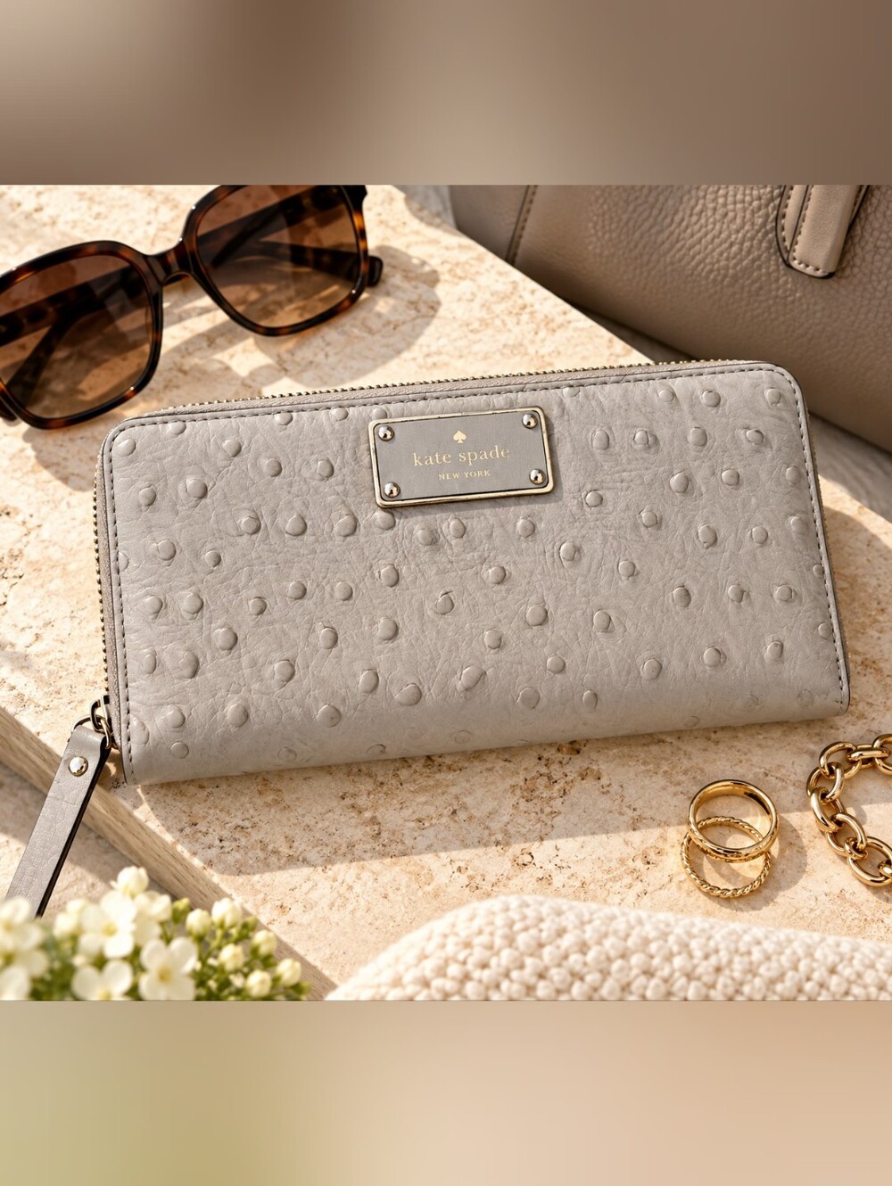 Kate Spade Kay Street Neda Ostrich Embossed Leather Zip Wallet Taupe Gray